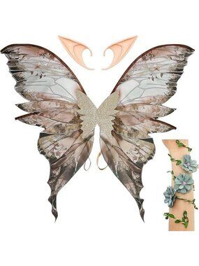 Enchanting Fairy Wings Costume Set with Elf Ears & Flower Arm Wrap for Cosplay